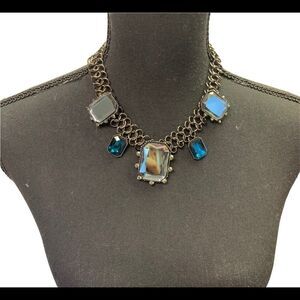 TEAL aqua blue charcoal gray gem Jewell embellished chain necklace